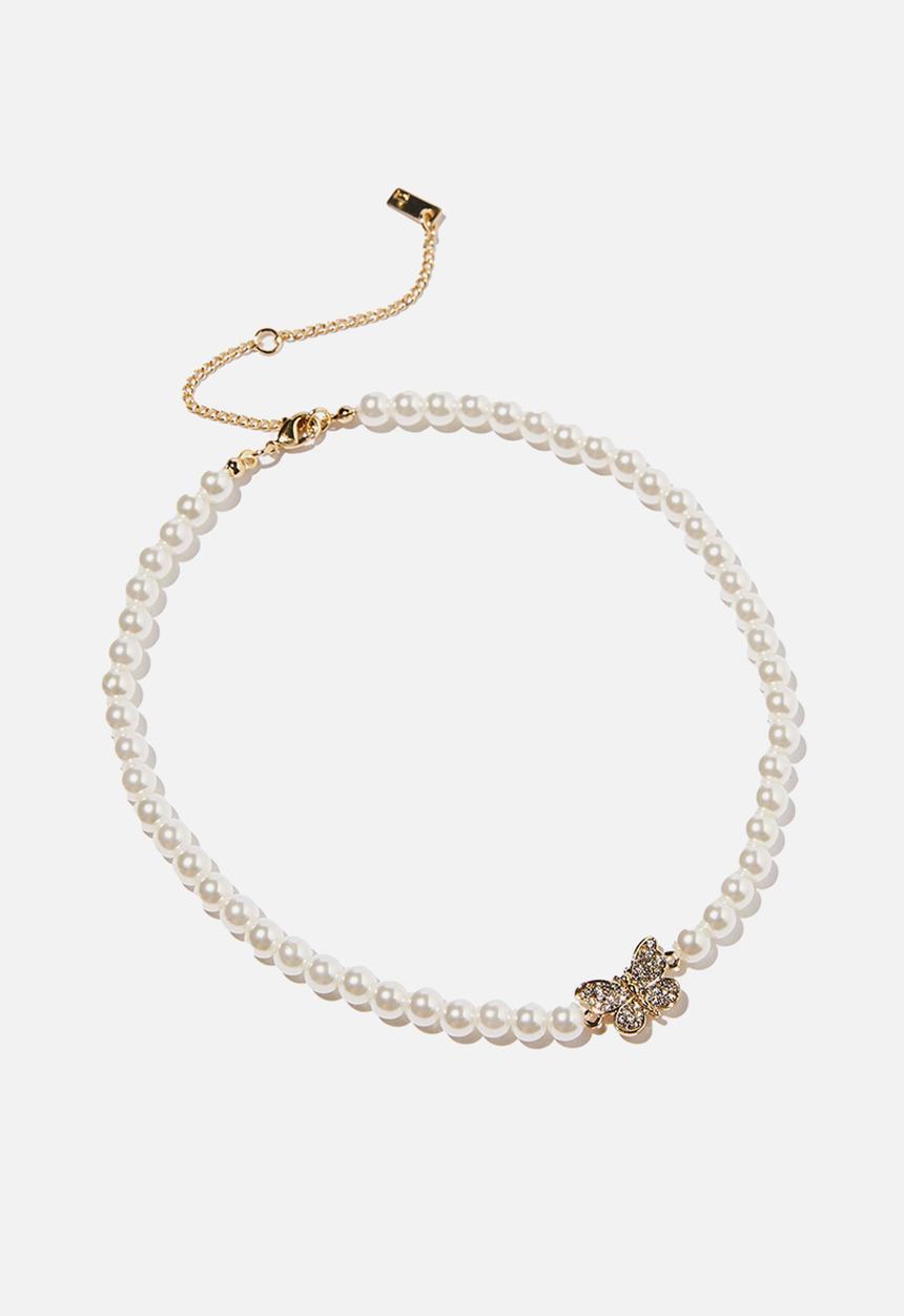 Rubi - Premium beaded choker - gold plated pearl butterfly