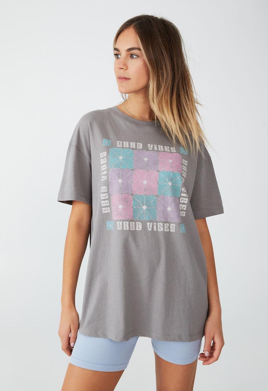 Cotton On - Boyfriend fit graphic tee - good vibes & thunder grey