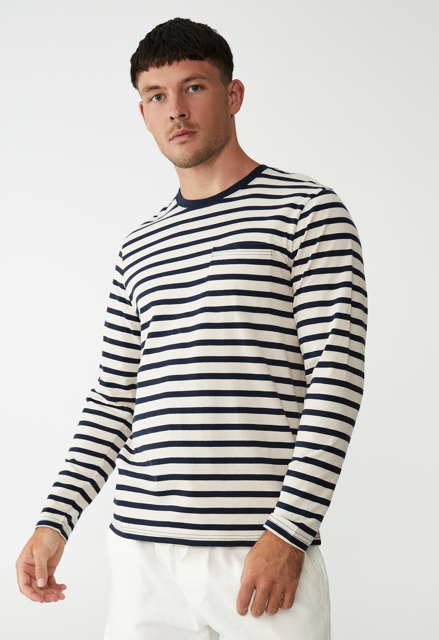 Cotton On - Organic stripe long sleeve T-shirt - true navy mid stripe