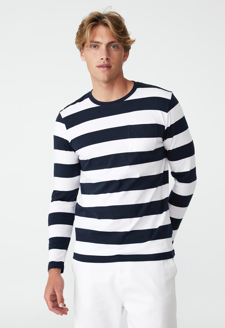 Cotton On - Organic stripe long sleeve T-shirt - true navy bold stripe