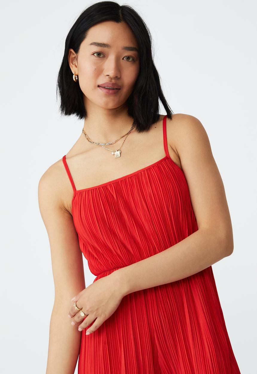 Cotton On - Petite knit strappy pleated playsuit - candy apple