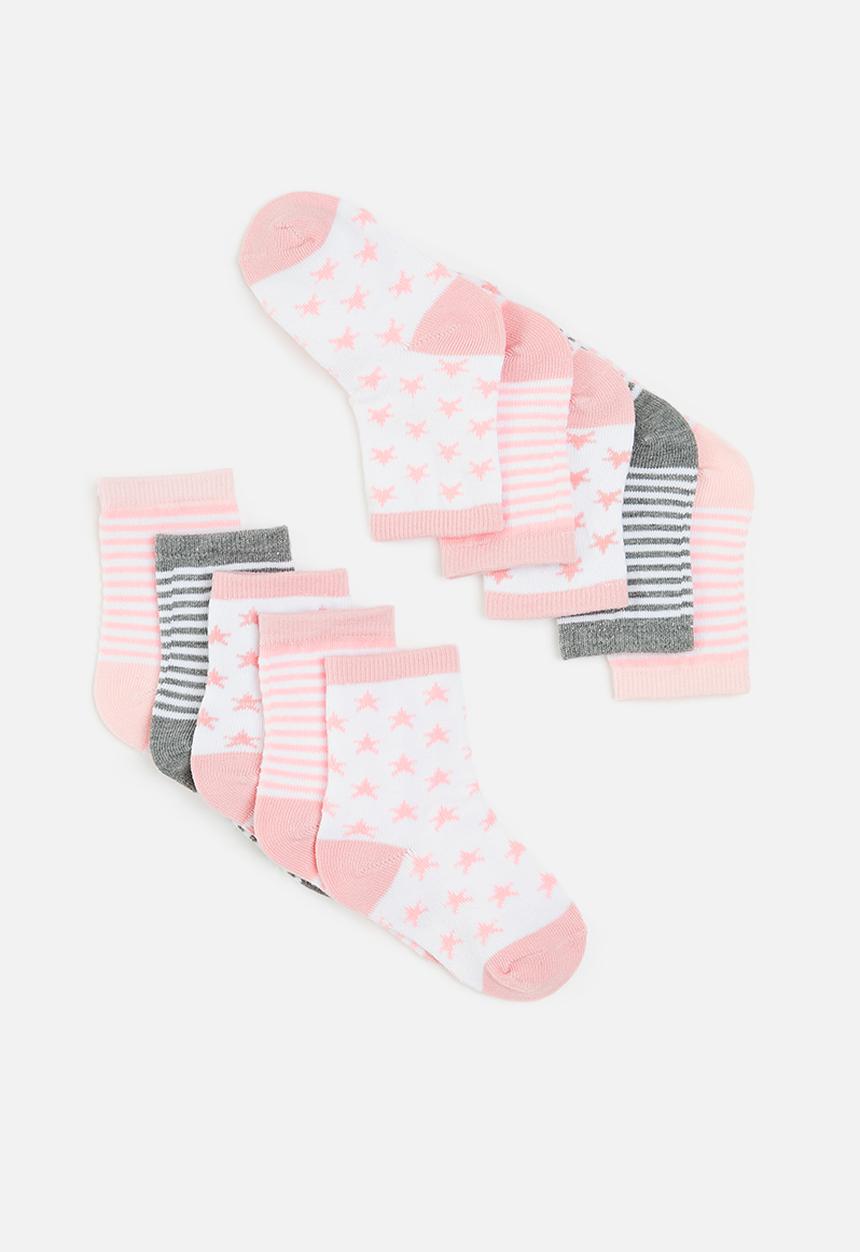 Pop Candy - 5 Pack star stripe socks - pink & grey 
