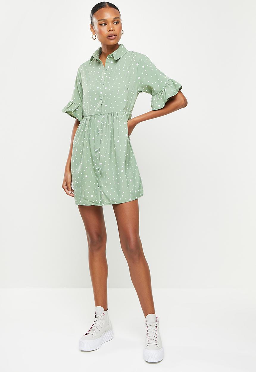 Missguided - Short sleeve frill cuff smock shirt dress  - sage