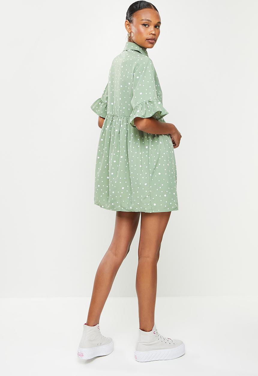 Missguided - Short sleeve frill cuff smock shirt dress  - sage