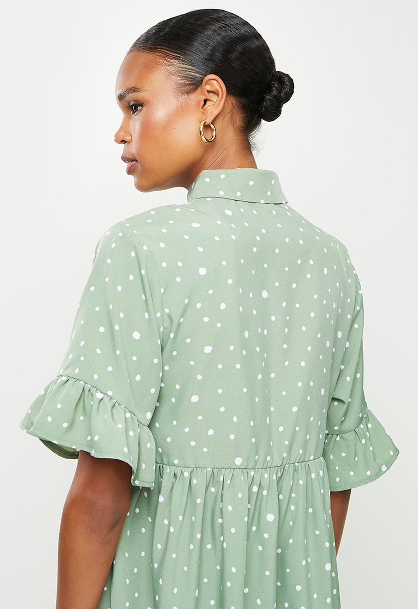 Missguided - Short sleeve frill cuff smock shirt dress  - sage