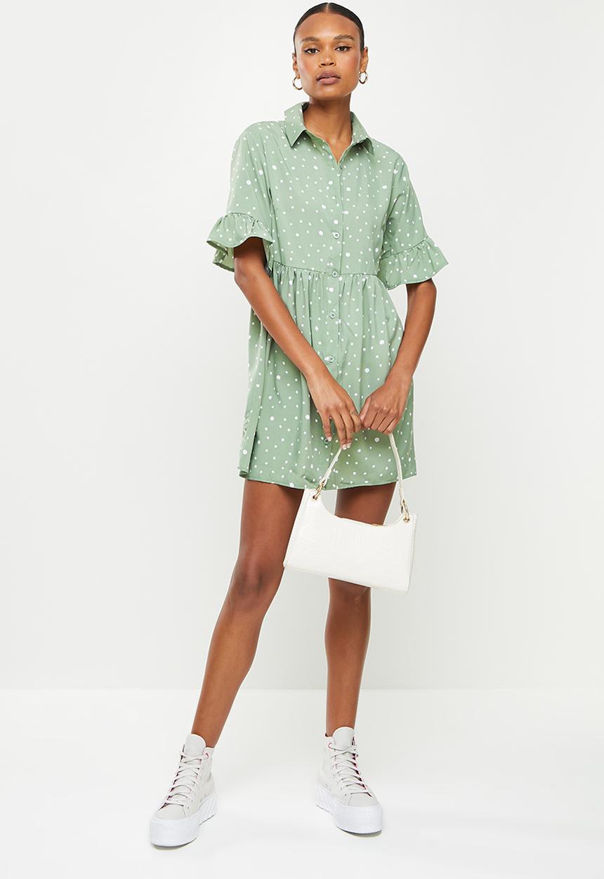 Missguided - Short sleeve frill cuff smock shirt dress  - sage