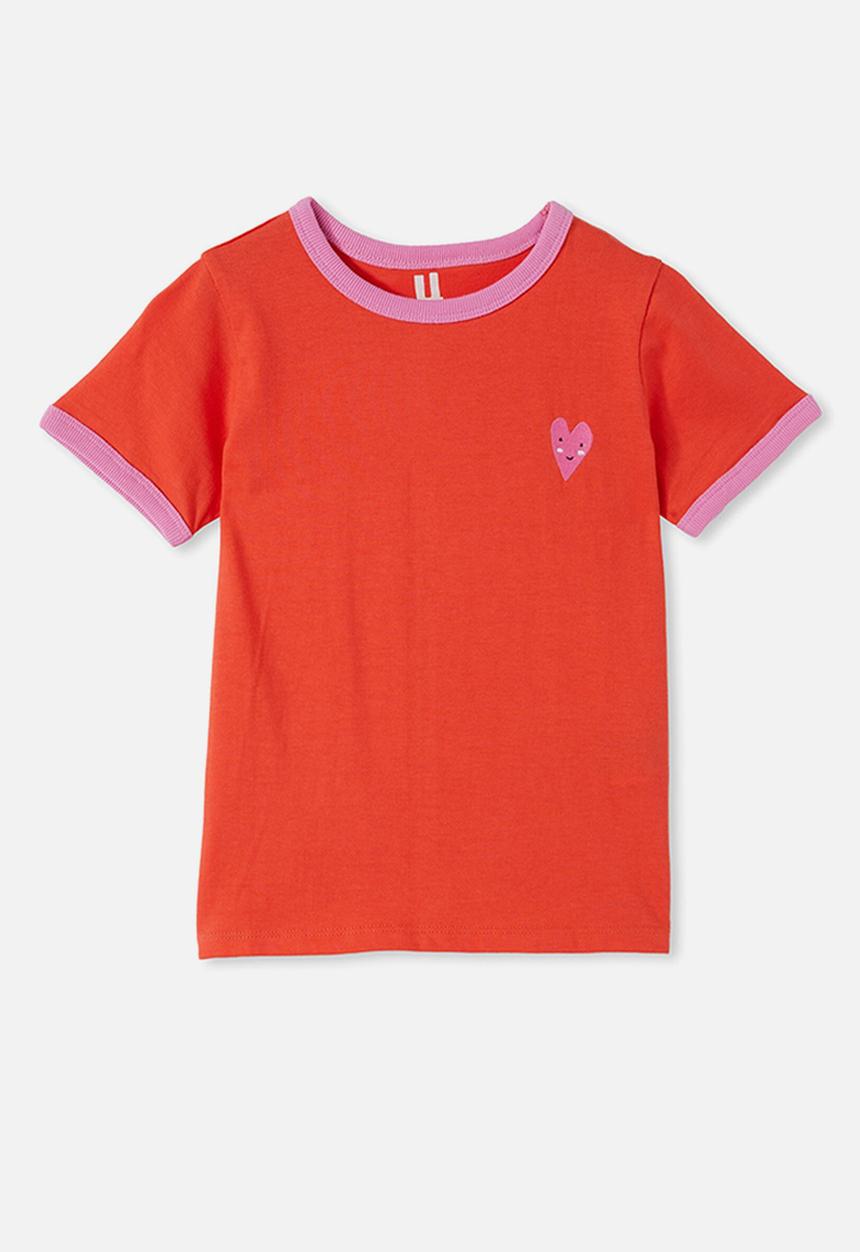 Cotton On - Penelope short sleeve ringer tee - red orange/ happy heart