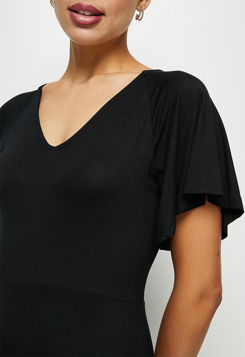 edit - Conscious v-neck flutter sleeve midi - black