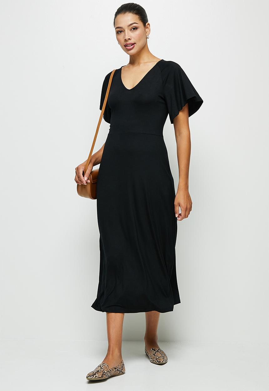 edit - Conscious v-neck flutter sleeve midi - black
