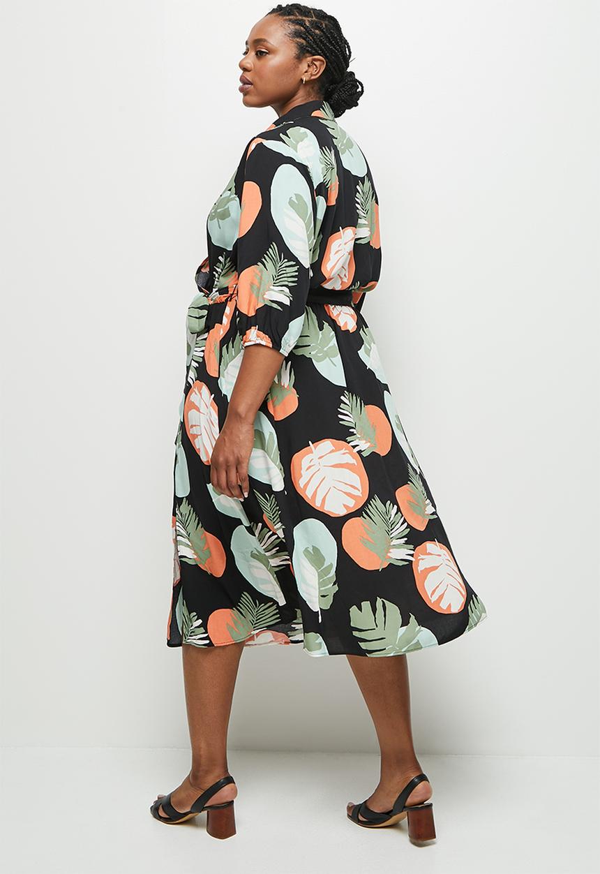 edit Plus - Collar mock wrap midaxi - leaf print