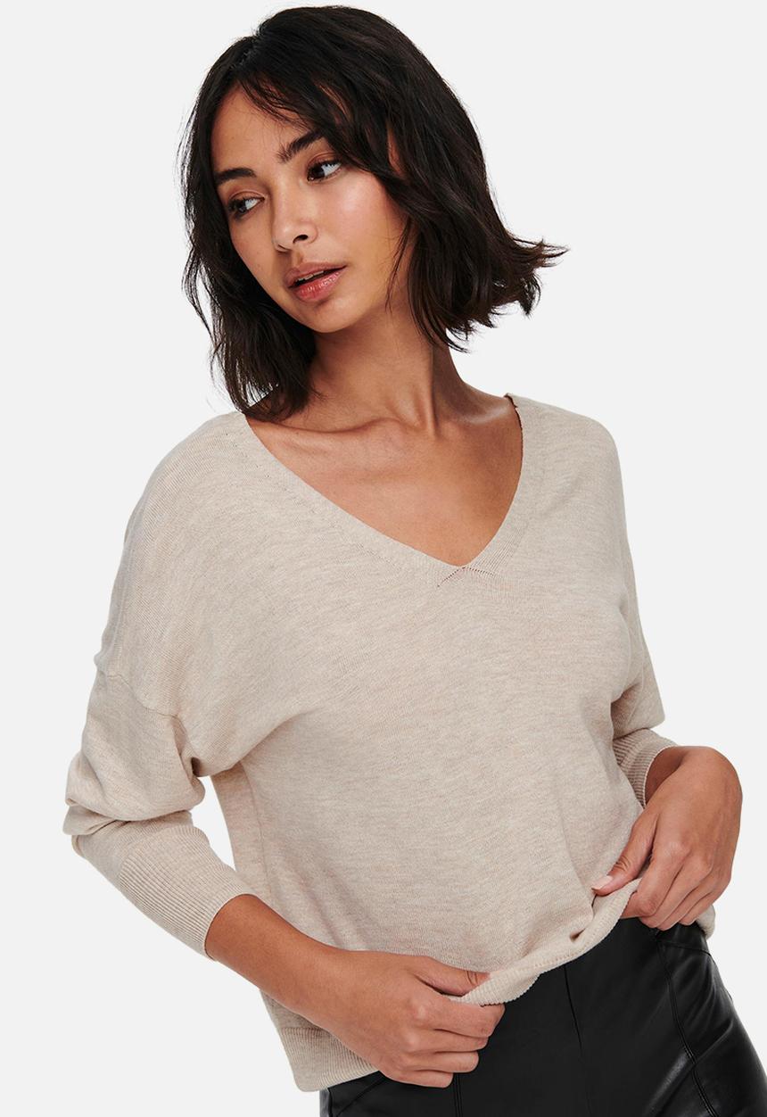 ONLY - Alona life long sleeve v-neck pullover knit - pumice stone