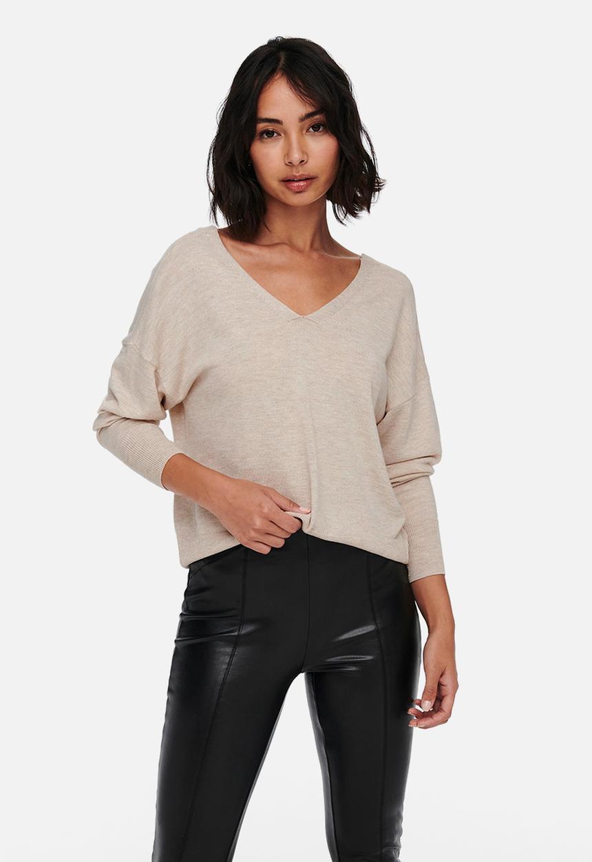 ONLY - Alona life long sleeve v-neck pullover knit - pumice stone