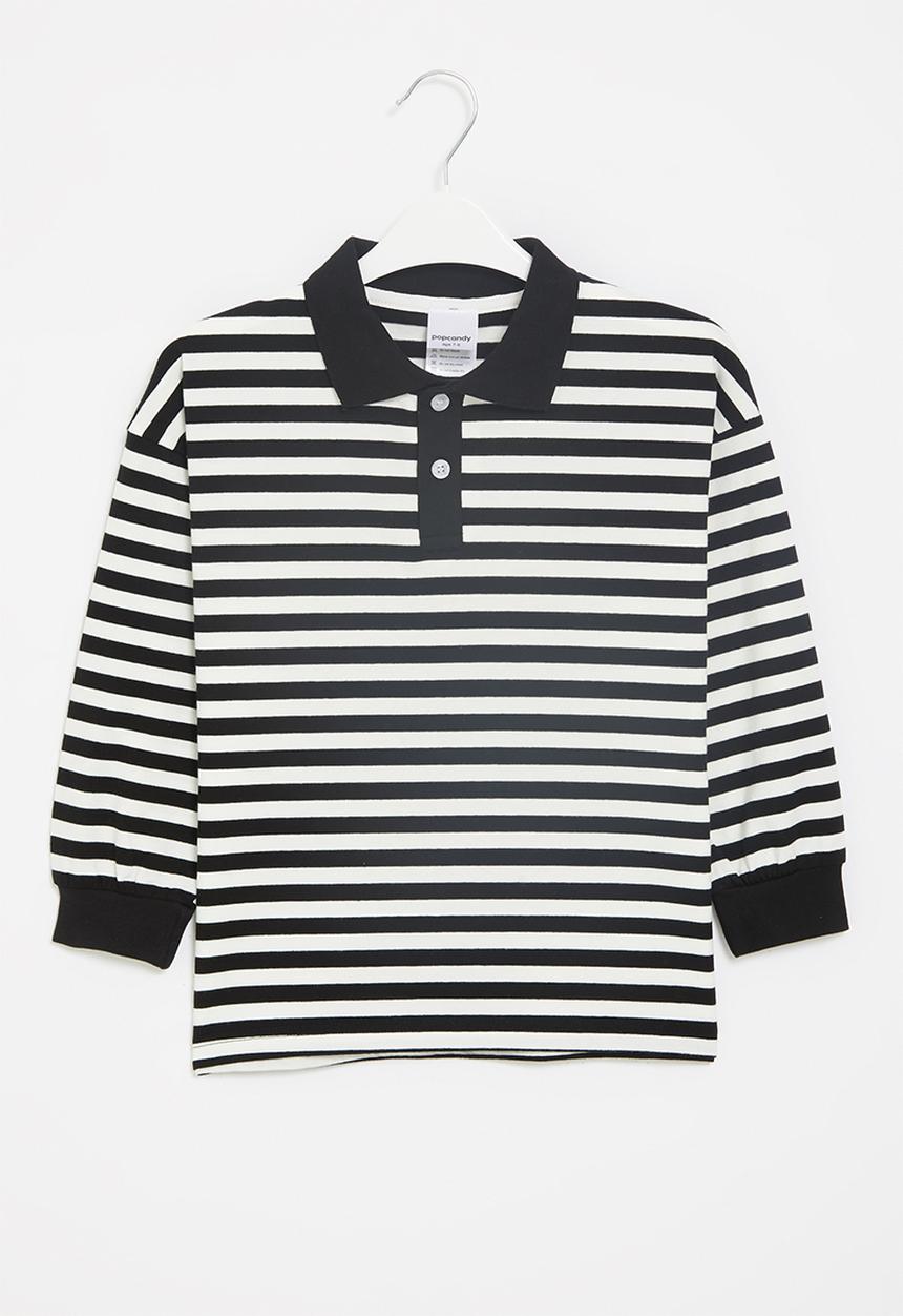 Pop Candy - Boys stripe long sleeve golfer - black & white