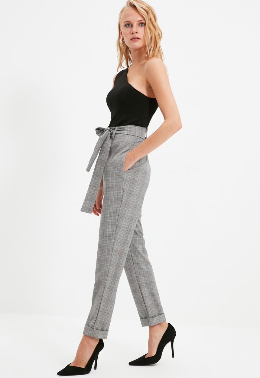 Trendyol - Plaid belted folded cigarette trousers - grey