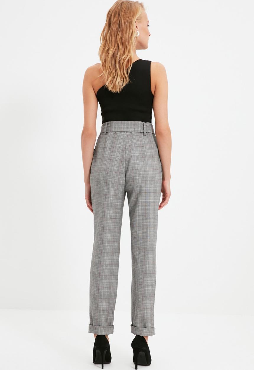 Trendyol - Plaid belted folded cigarette trousers - grey