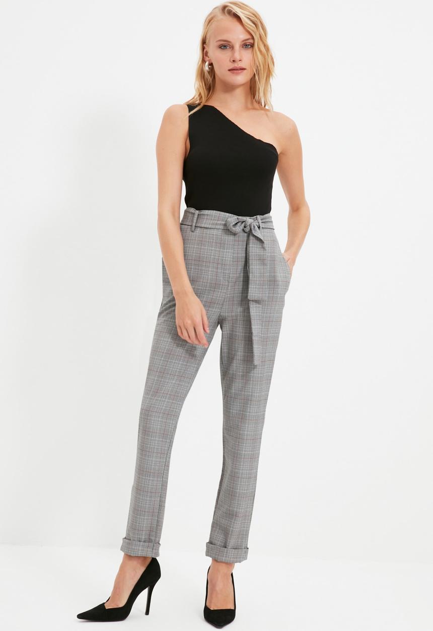 Trendyol - Plaid belted folded cigarette trousers - grey