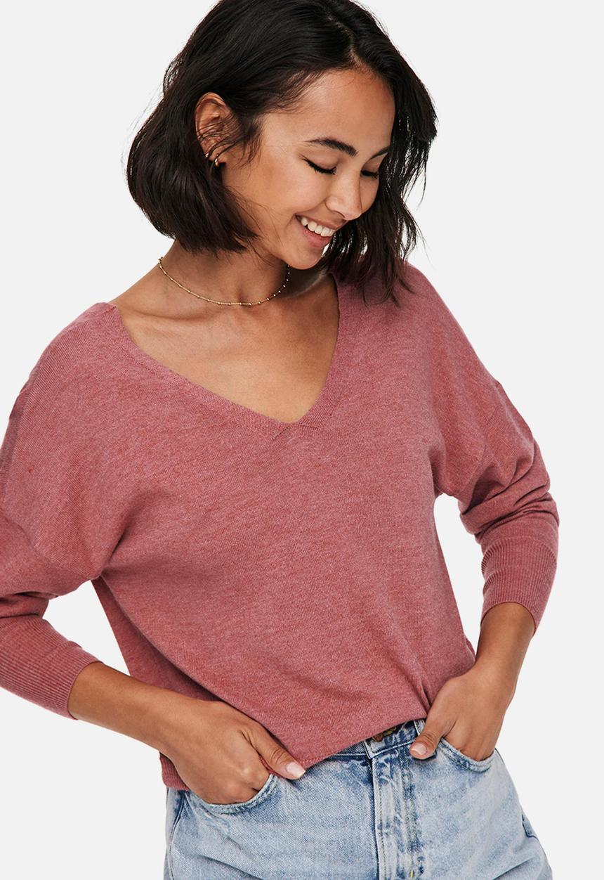ONLY - Alona life long sleeve v-neck pullover knit - mauvewood