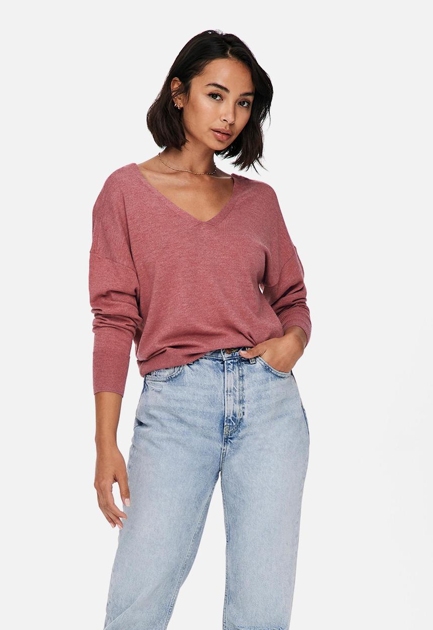ONLY - Alona life long sleeve v-neck pullover knit - mauvewood