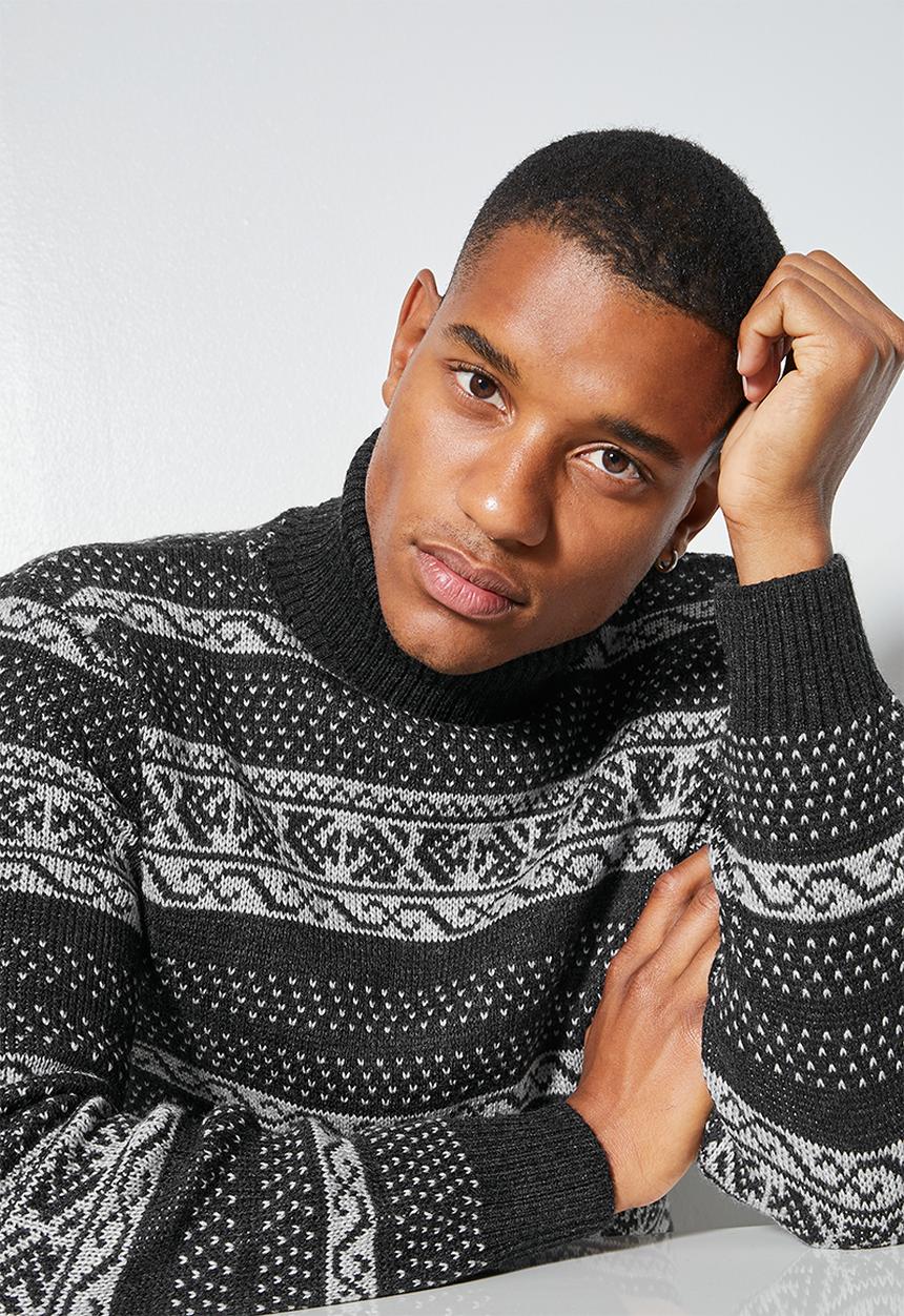 Superbalist - Fairisle pattern roll neck knit - charcoal