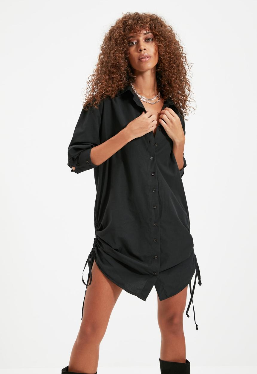 Trendyol - Drawstring detailed shirt dress - black