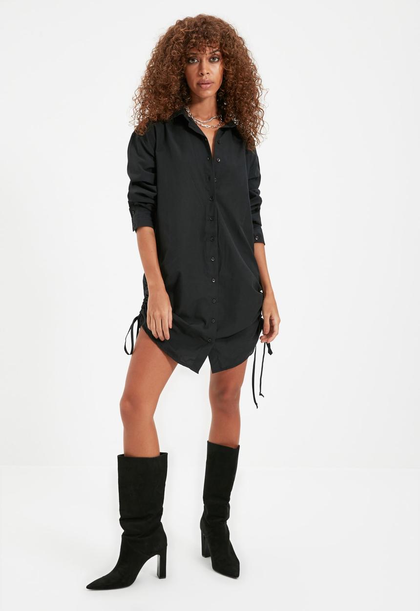 Trendyol - Drawstring detailed shirt dress - black