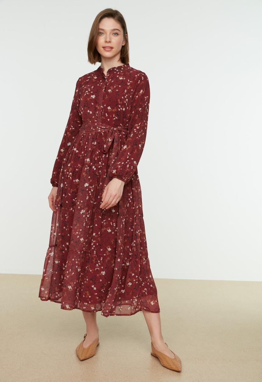 Trendyol - Printed judge collar belted veiling dress - red
