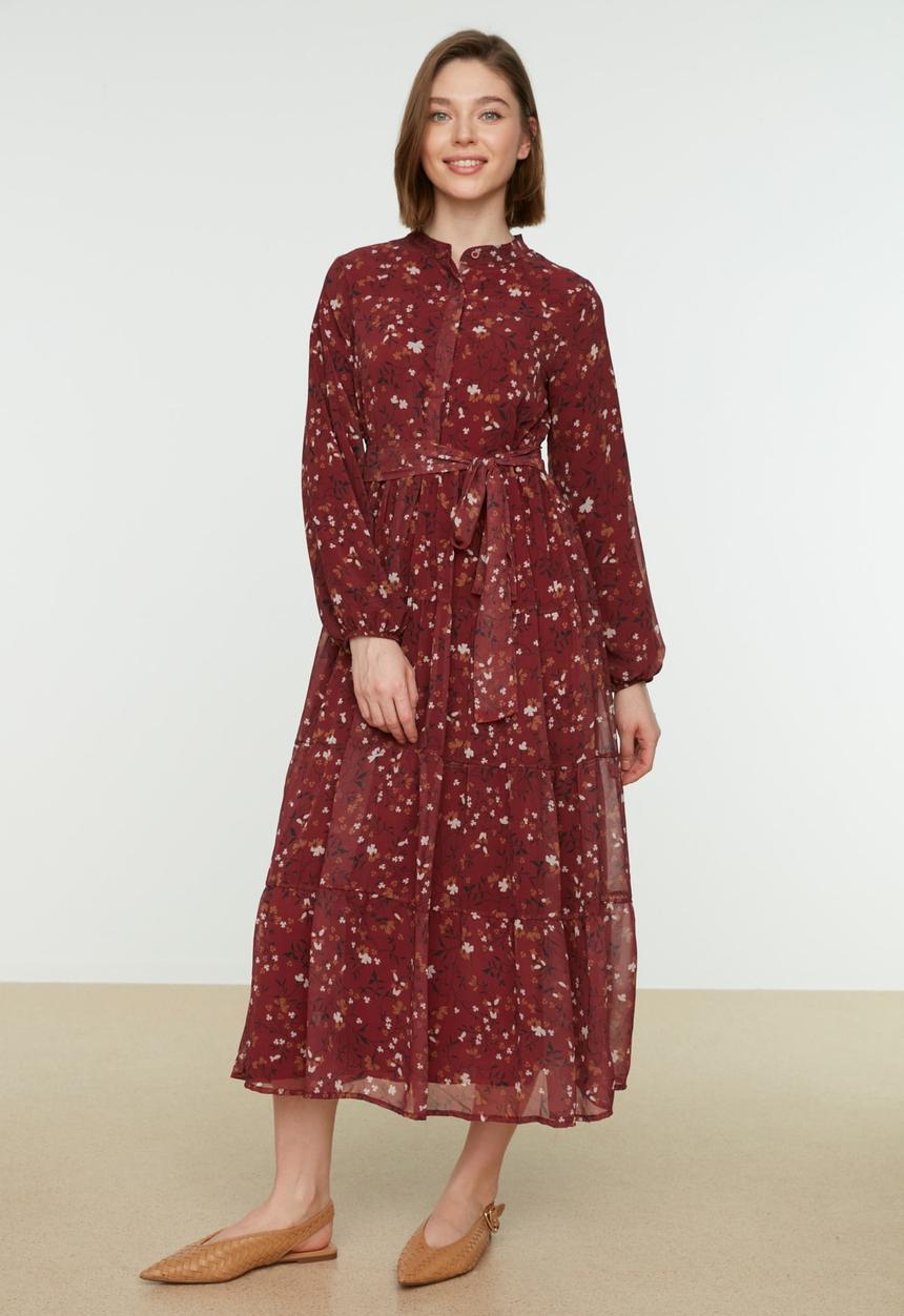 Trendyol - Printed judge collar belted veiling dress - red