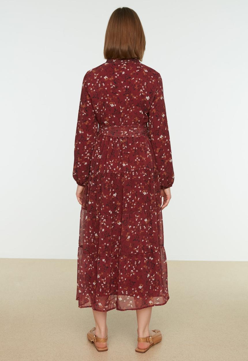 Trendyol - Printed judge collar belted veiling dress - red