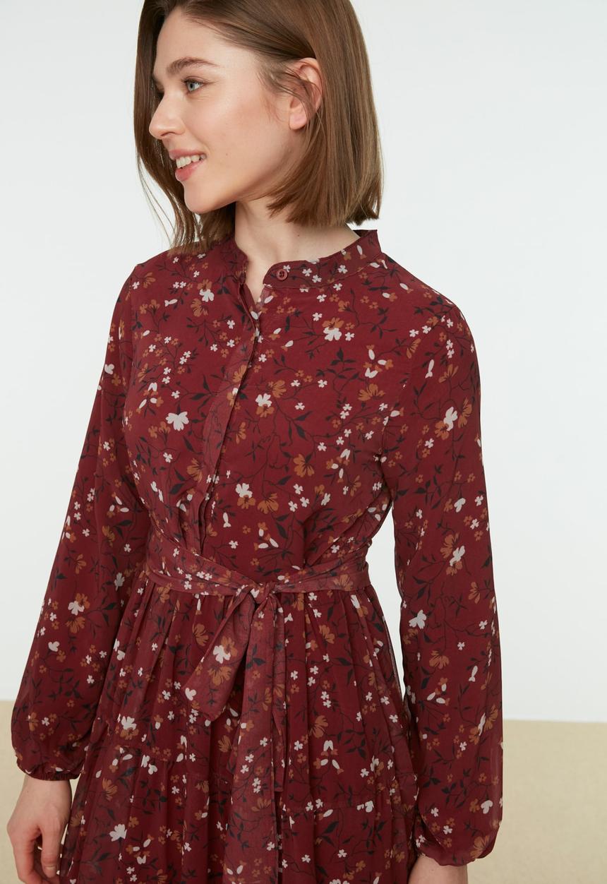 Trendyol - Printed judge collar belted veiling dress - red