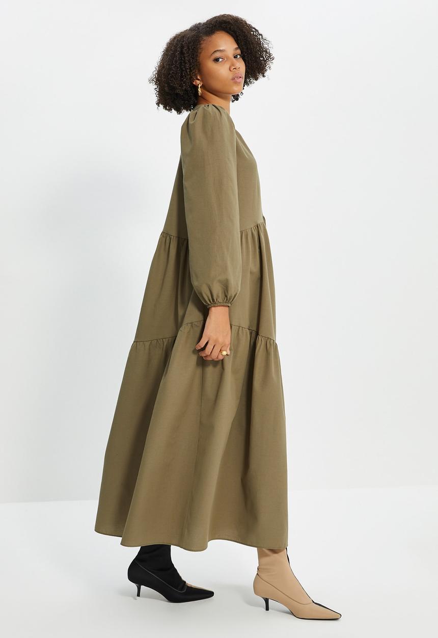 Trendyol - Crew neck poplin dress - khaki