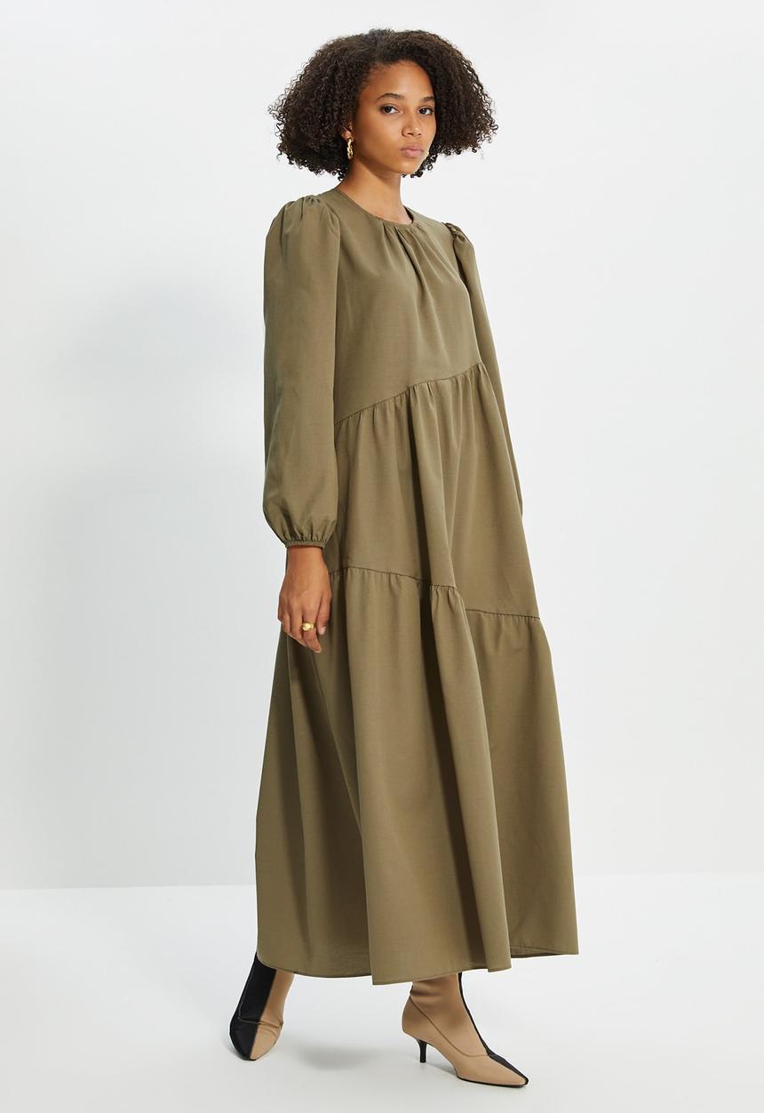 Trendyol - Crew neck poplin dress - khaki