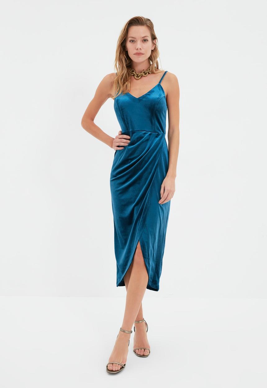 Trendyol - Wrap velvet dress - petrol