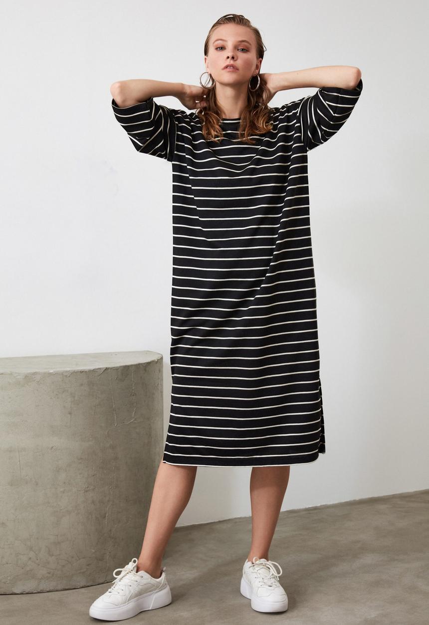 Trendyol - Striped midi sweat knit dress - black