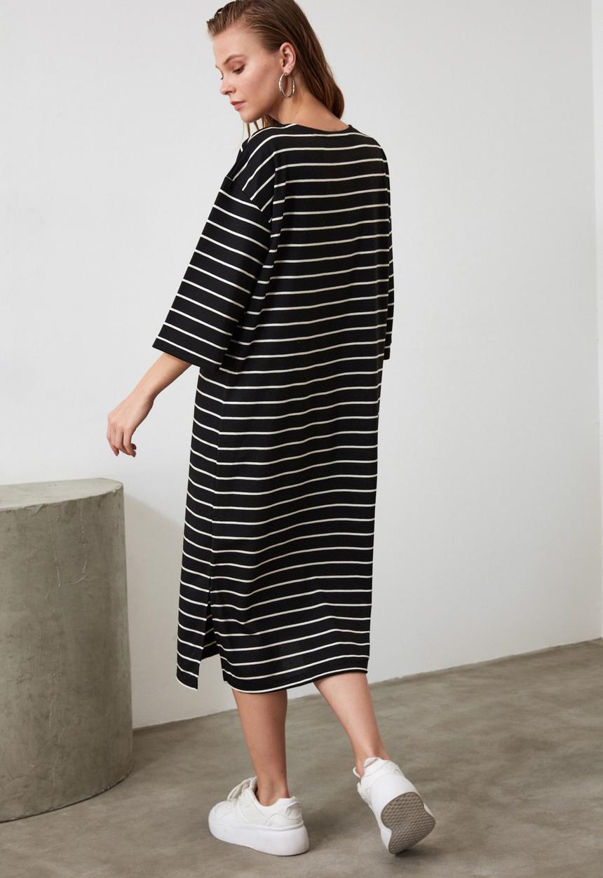Trendyol - Striped midi sweat knit dress - black