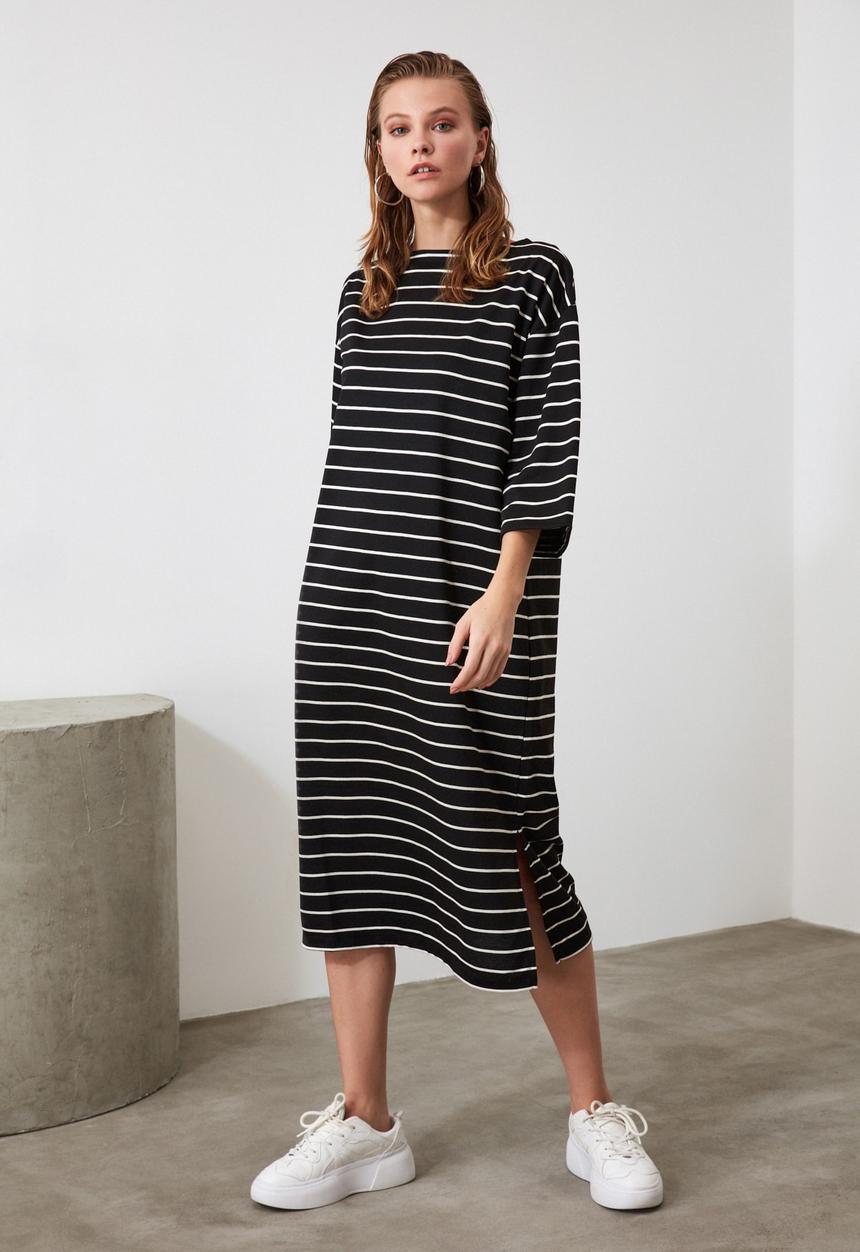 Trendyol - Striped midi sweat knit dress - black