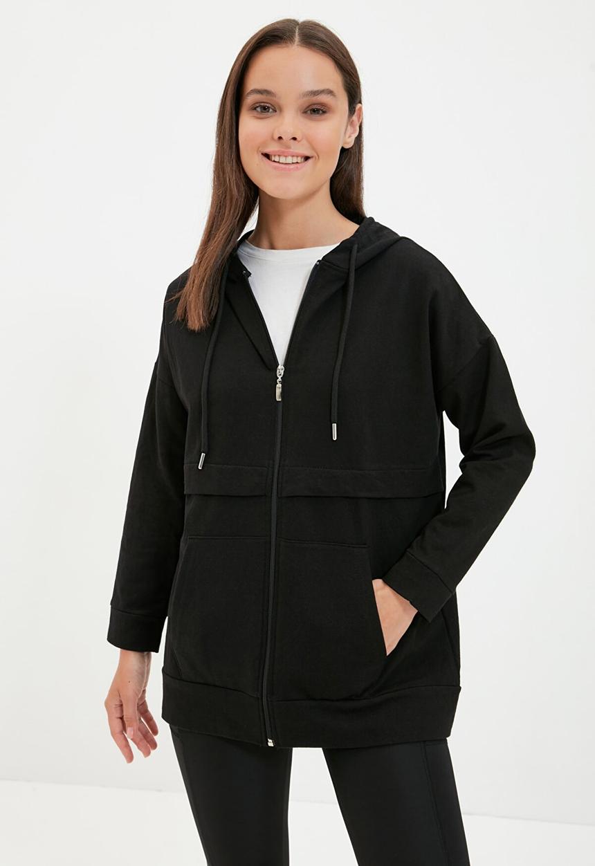 Trendyol - Zippered hoodie sweatshirt - black