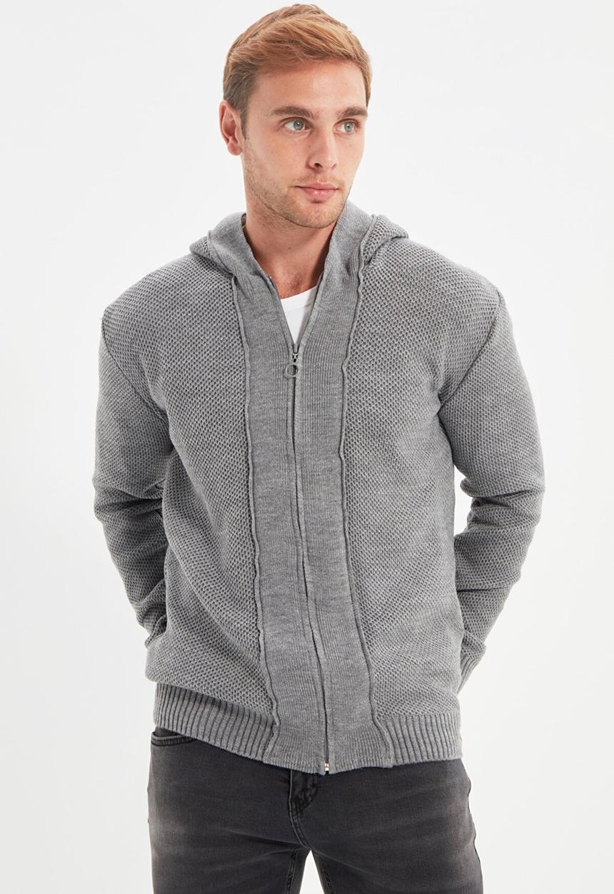 Trendyol - Textured zip thru hooded cardigan - grey
