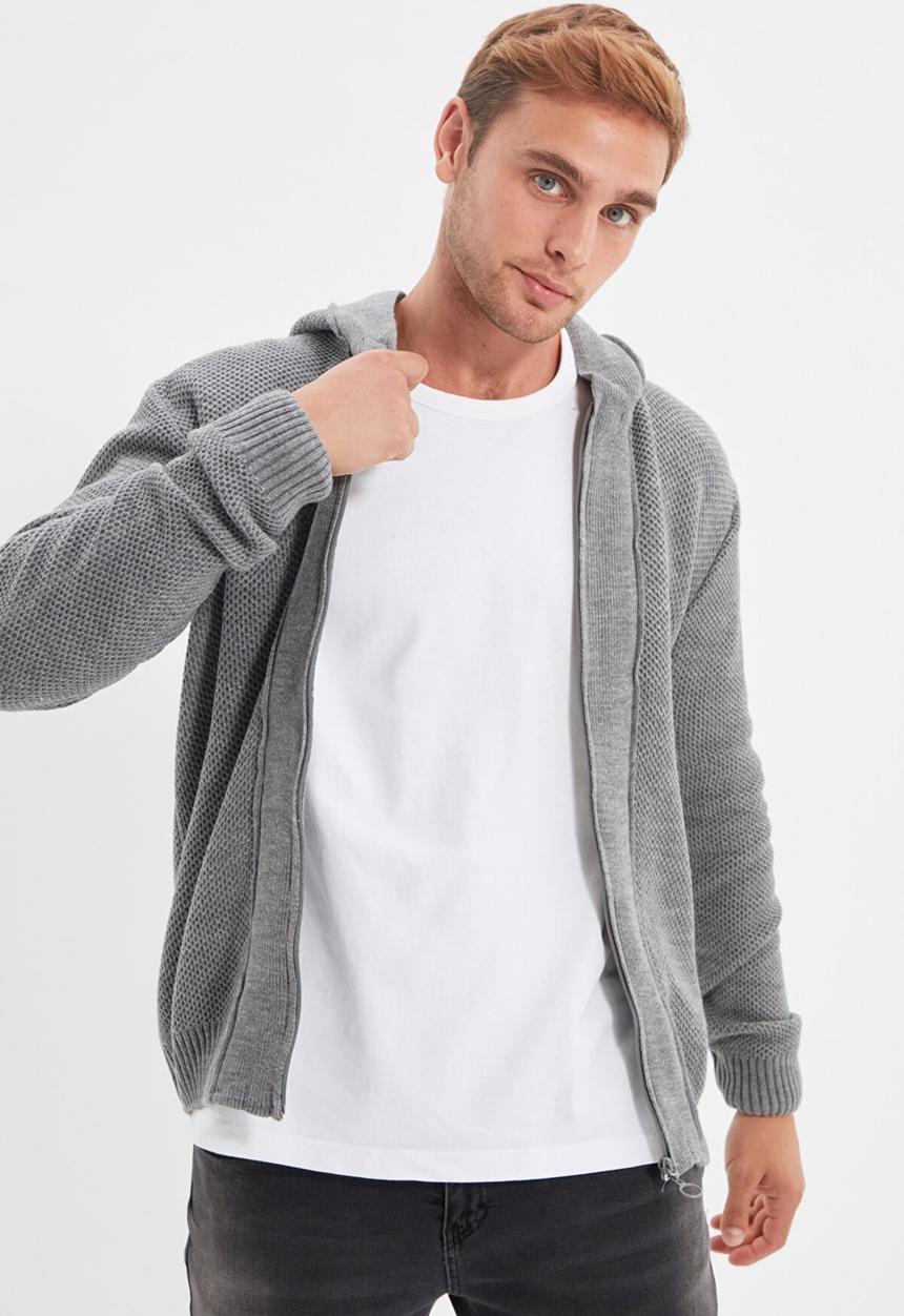 Trendyol - Textured zip thru hooded cardigan - grey
