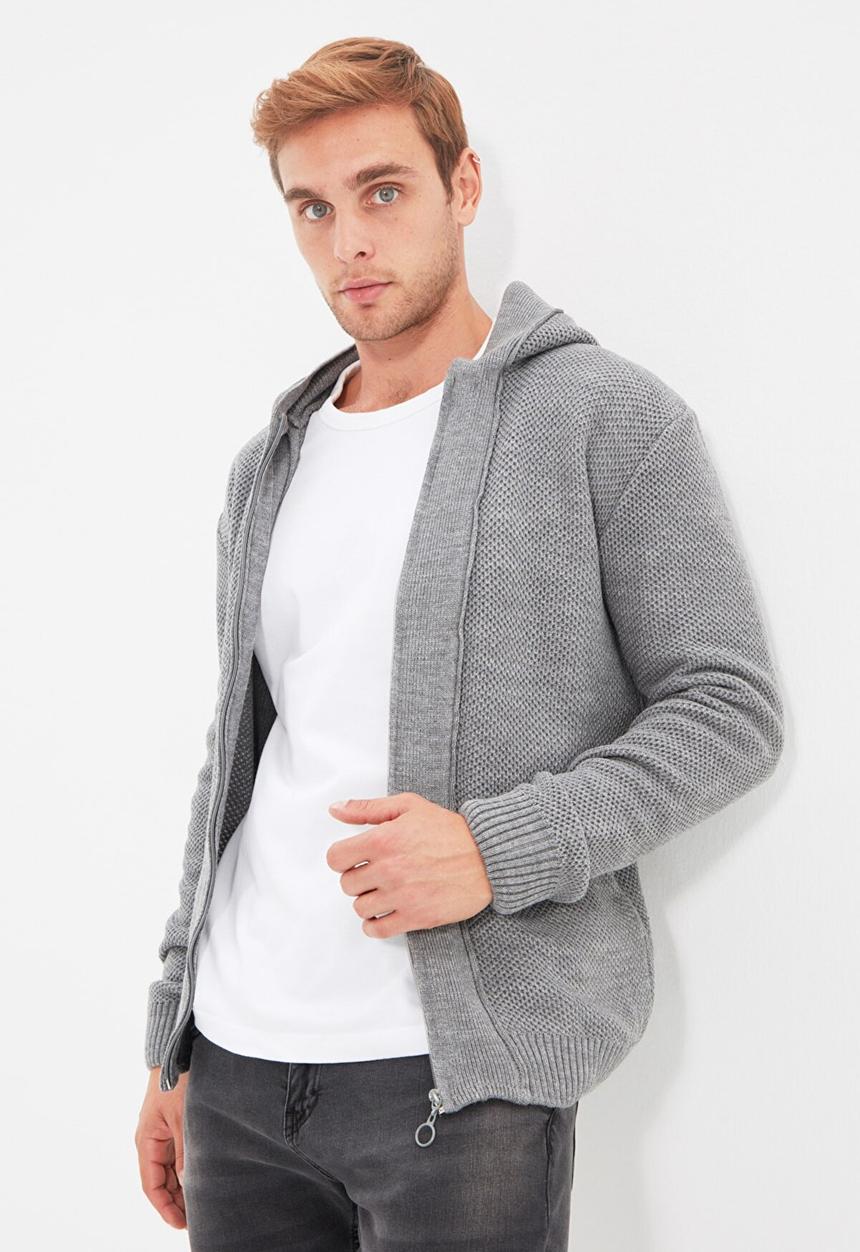Trendyol - Textured zip thru hooded cardigan - grey