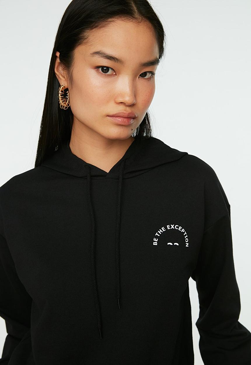 Trendyol - Hooded printed sweatshirt - black
