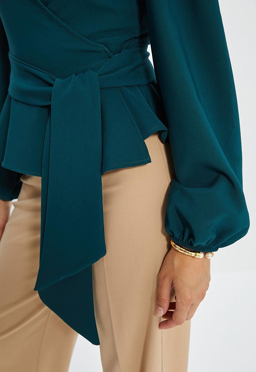 Trendyol - Belted double breasted collar blouse - emerald green
