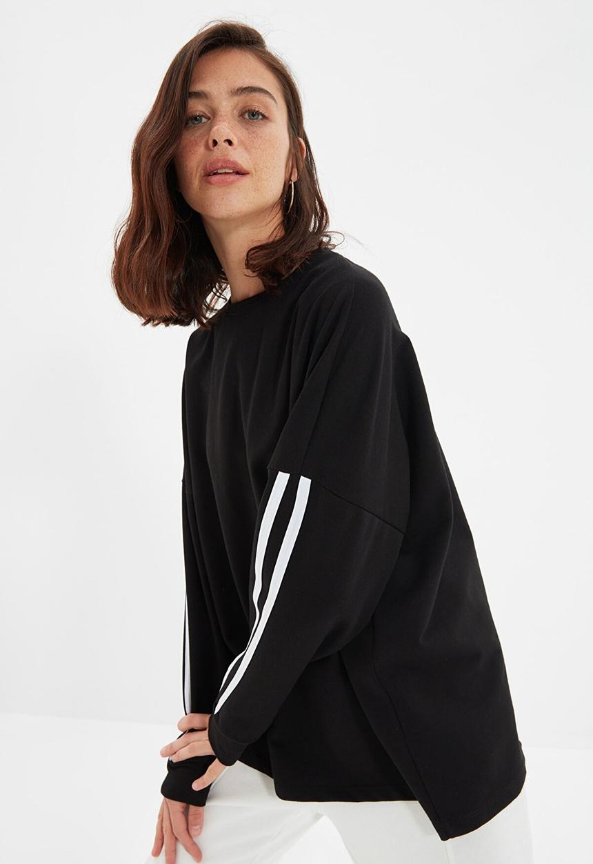 Trendyol - Striped long oversized thin sweatshirt - black