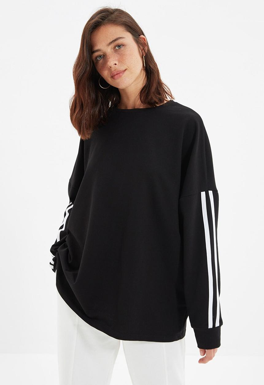 Trendyol - Striped long oversized thin sweatshirt - black