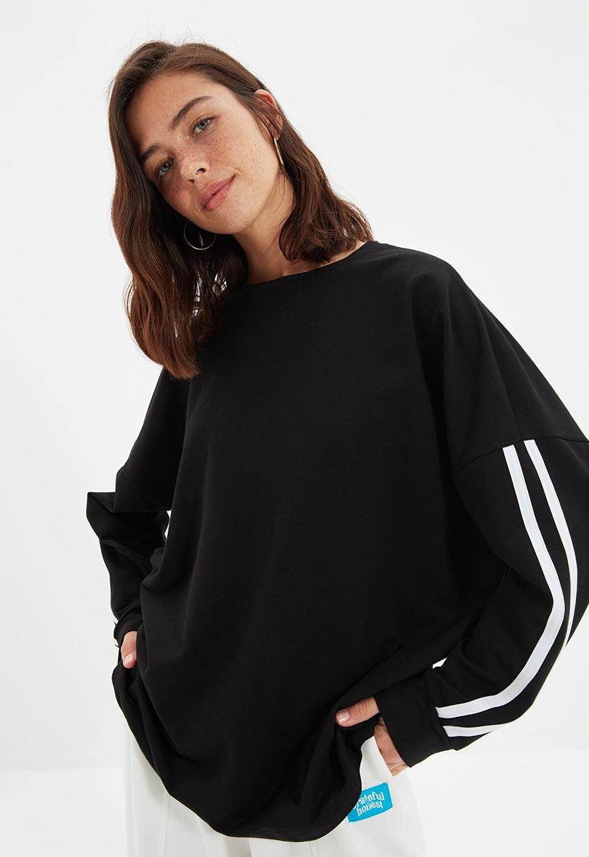 Trendyol - Striped long oversized thin sweatshirt - black