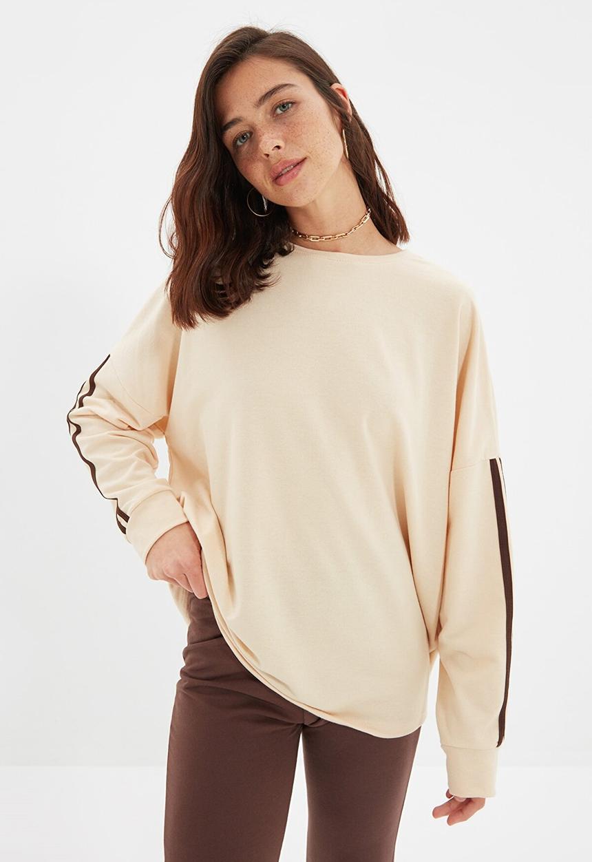 Trendyol - Striped long oversized thin sweatshirt - beige