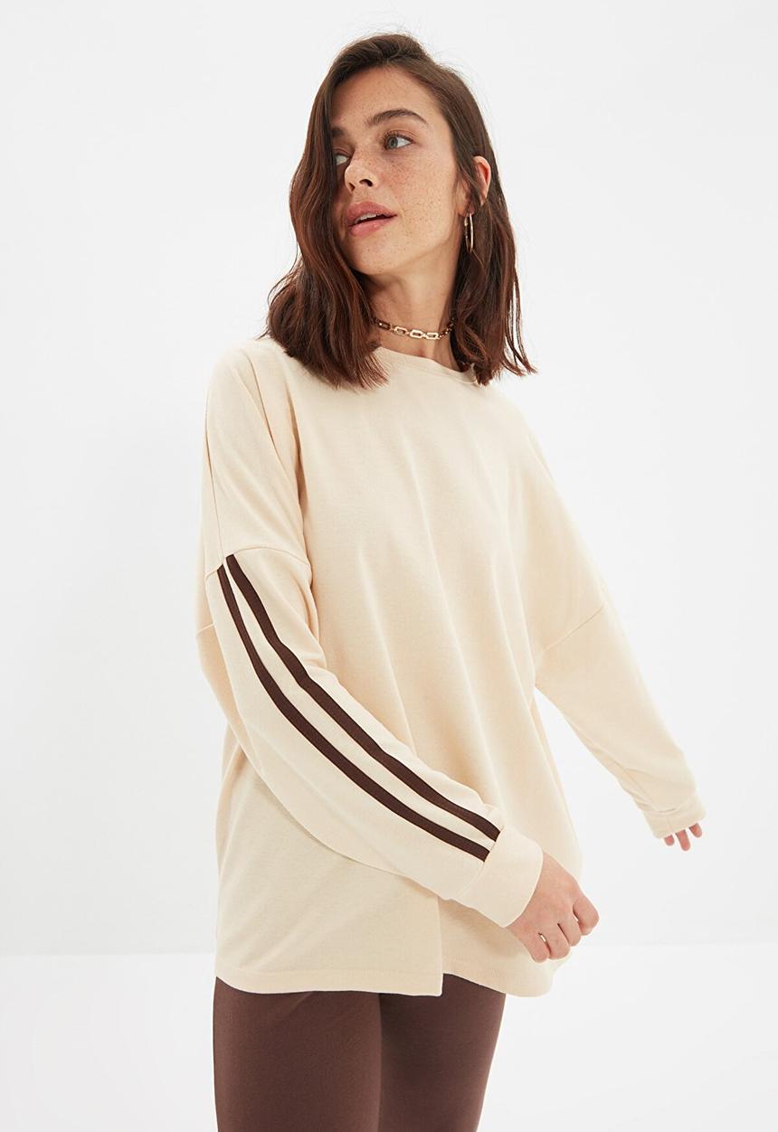 Trendyol - Striped long oversized thin sweatshirt - beige