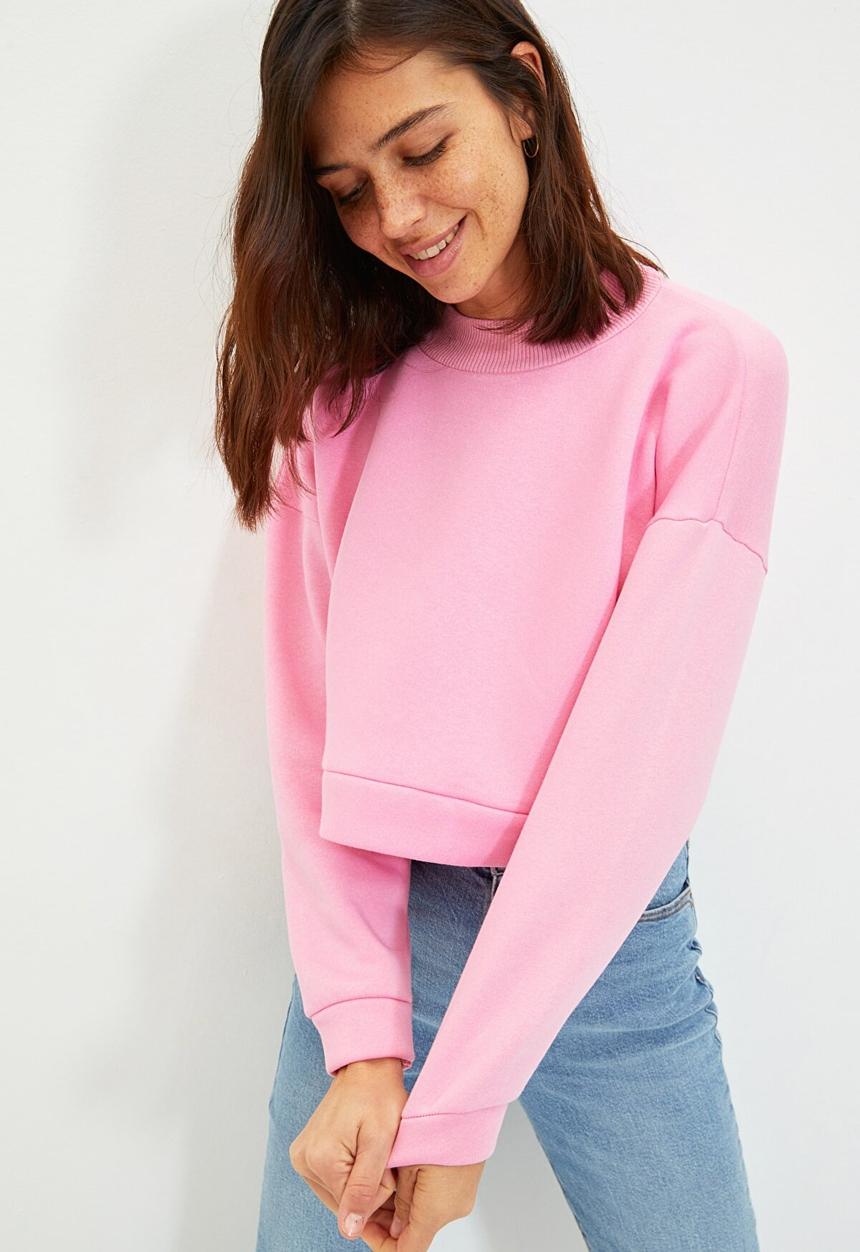Trendyol - Stand up collar raised thick crop knitted sweatshirt - pink