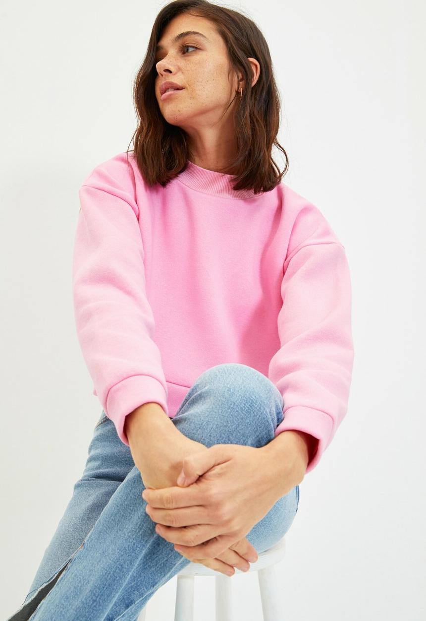 Trendyol - Stand up collar raised thick crop knitted sweatshirt - pink