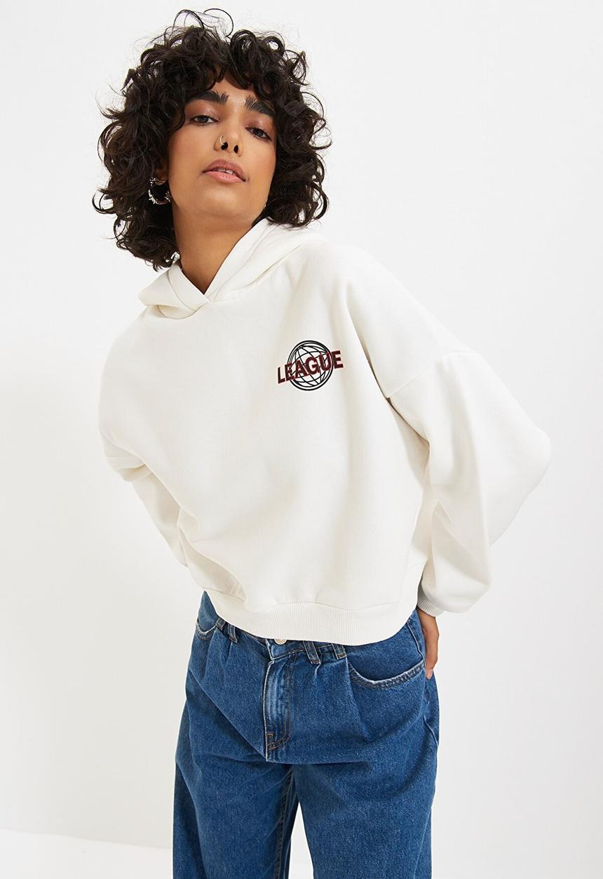 Trendyol - Back print detailed hooded knitted raised sweatshirt - ecru