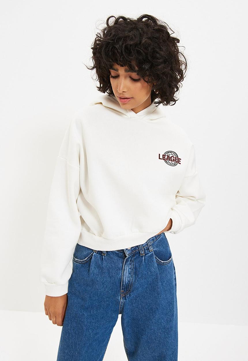 Trendyol - Back print detailed hooded knitted raised sweatshirt - ecru